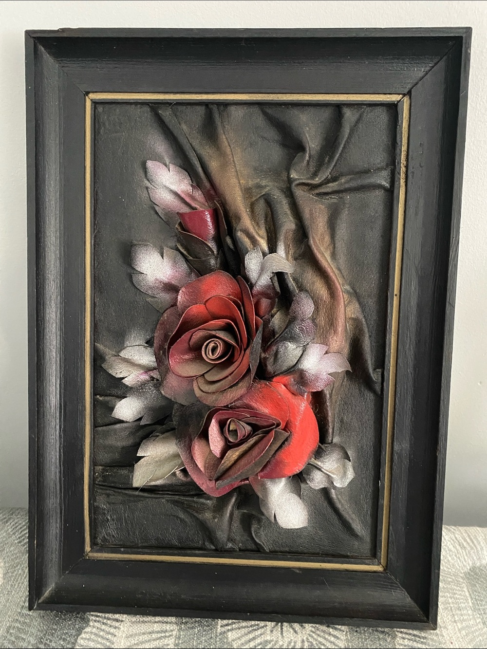 Gothic 3 Dimensional Red Rose Leather Wall Art in Black Frame Vintage